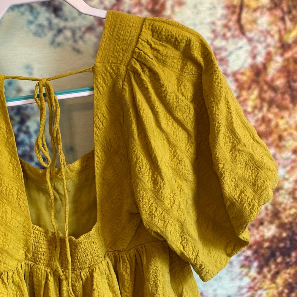 Free People chartreuse Mini Dress puff sleeves pockets open back square neckline - Picture 12 of 14